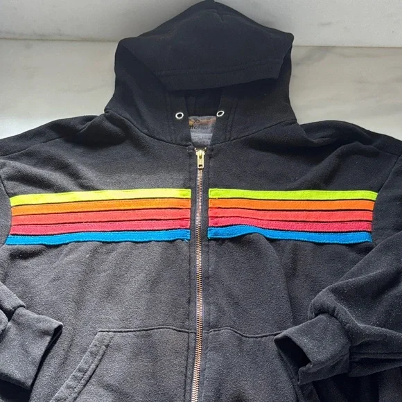 Aviator Nation Black Zip Hoodie with Rainbow Chest Stripes - Picture 1 of 4